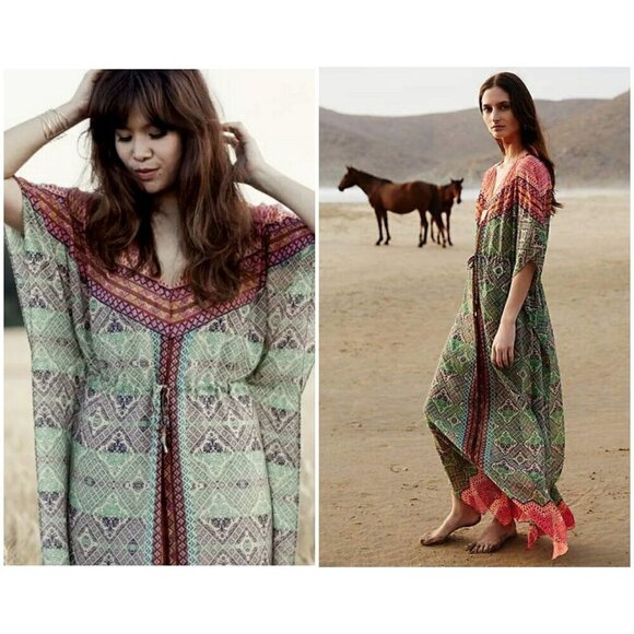 💕VANESSA VIRGINIA💕 Chama Kaftan Maxi Dress ~ Mult-Color Boho Print Small - Picture 1 of 14